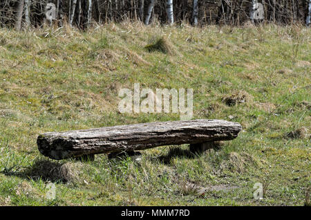 Vieux banc en bois rustique sur un terrain avec une forêt en arrière-plan. Boberger Niederung nature reserve à Hambourg, Allemagne Banque D'Images