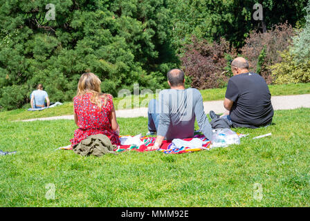 Les gens pique-nique, parc des Buttes Chaumont, Paris, France Banque D'Images