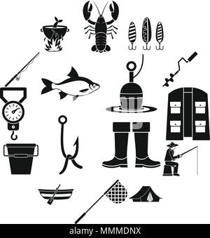 Outils de pêche, le style simple icons set Illustration de Vecteur