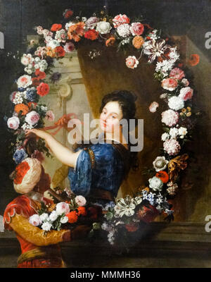 Jean-Baptiste Belin de Fontenay (1653-1715), Femme à mi-corps au Français : Femme à mi-corps attachant une guirlande de fleurs English : Portrait d'une femme (appelée La Comtesse de Parabere) entourée de fleurs . circa 1670-1715. Musée beaux arts caen-7 Banque D'Images