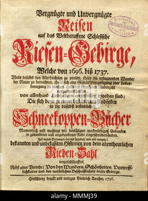 . Deutsch : Schmutztitel eines von Buch鋨es unvergnügte 1736 : Vergnügte und Reisen auf das weltberuffene Riesen-Gebirge... mit Anekdoten aus den Jahren 1696 bis 1737. Erscheinungsdatum Das ist mit 1736 angegeben, die Geschichten bis 1737, der Widerspruch ist nicht erklärbar. Das Buch ist im Oberlausitzischen Dauernde der Bibliothek der Wissenschaften . 1736. Hirschberg druckt und verlegts-Brahns 1736 Dietrich dietrich-brahn-reisen-auf-das-side Banque D'Images