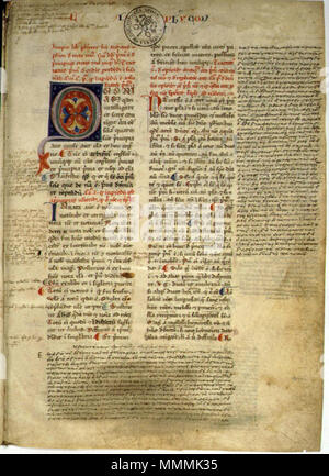 . Aristote, début de la physique. Manuscrit en latin médiéval, texte original grec ajouté dans les marges. Conseil : le manuscrit appartient à la Biblioteca Apostolica Vaticana (Vaticane, Rome) ; voir le timbre. 56 Aristote manuscrit latin Banque D'Images