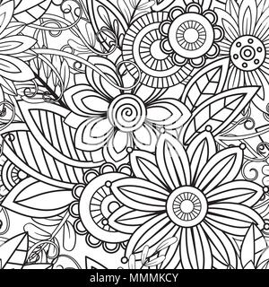 Hand drawn seamless pattern avec feuilles et fleurs. Ornement floral Doodles. Le noir et blanc des éléments décoratifs. Parfait pour le papier peint, des profils des livres de coloriage, l'arrière-plan de la page web, des textures de surface. Illustration de Vecteur