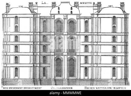 . Anglais : gravure de : Le premier volume des Plus Excellents Bastiments de France par Jacques I Androuet du Cerceau : Vue de la façade du château de la Muette, un ancien pavillon de chasse royale dans la forêt de Saint-Germain-en-Laye . 1576. Jacques I Androuet du Cerceau (1510-1585) Noms alternatifs Jacques Androuet Jacques Androuet du Cerceau, l'Ancien ; Jacques Androuet du Cerceau, Jacques Androuet DuCerceau Androuet Ducerceau ; Jacques, architecte français Description graveur et dessinateur de cuivre père de Baptiste Androuet du Cerceau père de Jacques II Androuet du Cercea Banque D'Images