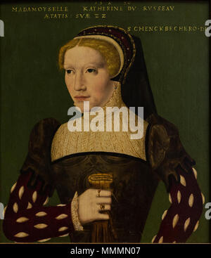 . English : Catherine du Russeau. 1528- ?. En 1550, à l'âge de 22 ans. Portrait à l'huile sur bois, dans la manière des Clouet, offert à Jean Schenckbecher, d'après l'inscription : '1550. KATHERINE MADAMOYSELLE DU RUSSEAU, AETATIS SUAE, 22 I. SCHENCKBECHERO. DD'. En avril-juin 1550, Jean Schenckbecher fut envoyé, par son maître Jean Sturm, en mission à Saint-Germain-en-Laye, auprès du cardinal de Guise et a certainement reçu à cette occasion ce petit tableau en don. Collections du Chapitre de Saint-Thomas à Strasbourg. . 1550. Catherine du Russeau Banque D'Images