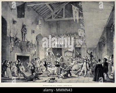 . Anglais : Festivités de Noël à Haddon Hall, Derbyshire, comme illustré dans le volume I (1839) d'hôtels particuliers de l'Angleterre dans l'ancien temps, par Joseph Nash. Les mimes jouer tandis que musiciens dans le balcon. Haddon Hall était célèbre pour l'hospitalité et les fêtes Christmastide pendant les douze jours. Parfois les groupes de mimes exécuterait la moralité joue. Ici, en plus de danseurs Morris sont vu un dragon, un géant, un homme sauvage, un chevalier à cheval, et d'autres. . 1839. Joseph Nash-Noël se délecte-haddon-hall-joseph-nash-mansions-1839 Banque D'Images