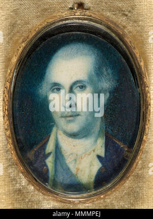 . Anglais : Portrait de George Washington, miniature sur ivoire, par Charles Willson Peale (1741-1827). Portrait de face de George Washington. Dit avoir été peint par Washington à propos de 1775 de Peale et présenté par lui à Mme Israël. La tradition dit qu'il l'a fait en reconnaissance de l'information donnée par son concernant Armée britannique et ses plans. Encadré dans le laiton ? Et comme glacé, pendentif avec la boucle en haut pour l'accrocher. Pendentif est monté à l'appui de velours, situé dans cadre en bois, 16 x 12 cm. Plaque en laiton inscrit : 'C. W. Peale' monté à bord en velours. Verso de la fra en bois Banque D'Images