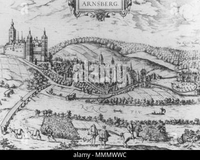 . Anglais : voir avec le château d'Arnsberg, et Westinghausen monastère, en Westphalie, vers 1588, par un graveur inconnu. Premier plan, deux hommes, probablement le seigneur du château et d'un visiteur, au sol, la Rurh river, avec un 'nouveau' pont sur elle (l'ancienne est en ruines et légèrement à gauche). Castle se trouve sur la gauche, au milieu de la ville, et le monastère de l'extrême-droite. 57 Château d'Arnsberg c1588 Banque D'Images