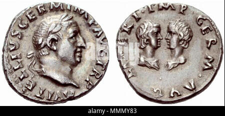 . Anglais : VITELLIUS. 69 AD. AR Denarius (3,44 mm). [A]ELLIVS ALLEMAND VIT IMP TR P, lauréat chef droit / LIBERI IMP ALLEMAND, confronté bustes de Vitellius' son fils et sa fille, tous deux drapées. J'RIC 79 Русский : Денарий имп. Вителлия (69 год). - Изображение старшего аверсе на сына Вителлия дочери Германика и, Вителлии, . Ce fichier n'est pas informations sur l'auteur. 64 Aulus vitellius, vitellia et vitellius germanicus Banque D'Images