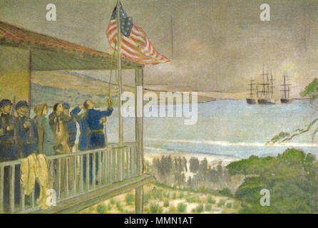 . Oficiales del comodoro John D. Sloat izando la bandera estadounidense el 7 de julio de 1846 fr Monterey, Californie. . Vers 1855. 74 anonyme Batalla de Monterey Banque D'Images