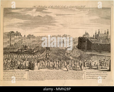 . Anglais : c'est une gravure de l'exécution de rebelles à la suite de la rébellion jacobite en 1745-1746. Les prisonniers sur l'échafaudage sont entourés par des soldats, et par de grandes foules à pied et en tribunes. . Libre publié à Londres, 1746 par M. Cooper.. M. Cooper (éditeur). La décapitation de 78 seigneurs rebelles sur grand Tower hill Banque D'Images