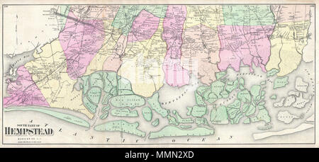 . Anglais : un rare exemple de Fredrick W. Beers ? ? ? Carte de la partie sud de Hempstead, Long Island, New York. Publié en 1873, ce magnifique carte couvre de Jamaica Bay et vers l'est au-delà de Far Rockaway Beach Hicks, Hog Island, Long Beach, Rockville, Freeport, Hempstead Bay à l'Oyster Bay et Seaford. Merveilleux détails concernant l'île des marais autour de Long Beach et de Hempstead Bay. Détail de l'intérieur splendide offre d'immeubles particuliers et les noms des détenteurs de la terre. Note l'itinéraire du côté sud Rail Road. C'est probablement le meilleur plan de l'atlas à Hempstead appea Banque D'Images