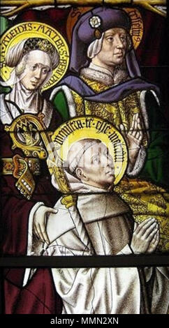 . Anglais : vitrail, originaire de l'abbaye cistercienne de Mariawald, représentant Saint Bernard de Clairvaux avec ses parents Aleth (Tescelin Aleidis) et (Tesselinus) ; les inscriptions de l'nimbusses : SCA ALEIDIS MATER S BERNARDI / S TESSELINUS / MONSTRA TE ESSE MATREM (prière de saint Bernard à la Vierge) . Entre 1505 et 1508. 81 Bernard Aleidis Tescelin inconnu Banque D'Images