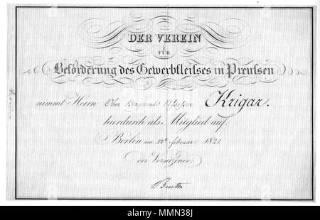 . Carte de membres pour Johann Friedrich Krigar, signé 'Beuth'. . 1821. Gravure sur cuivre par Schmidt 83 Mitgliedskarte Beuth Banque D'Images