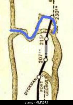 . Anglais : c'est un détail de la carte de l'IRT de 1906. Le chemin d'origine de l'Spuyten Duyvil Creek est en bleu. Remarquez comment Marble Hill est entouré par une petite voie d'eau, qui a finalement rempli à brancher en colline à la Bronx. . 1906. Interborough Rapid Transit Company Spuyten Duyvil site de l'IRT Banque D'Images