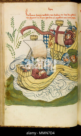 . Windeck Eberhard : Das Buch von Kaiser Sigismund (Handschrift bei Sotheby's 7.7.2009, siehe http://www.handschriftencensus.de/9134), folio 67V, Duc de la Hollande et de ses chevaliers arrivant à Londres par bateau pour rencontrer le roi Sigismond (qui sont restés au Palais de Westminster, le 28 mai 1416) pour être investi d'un fief 103 Buch-kaiser-sigismond-L09740-26-LR-2 Banque D'Images