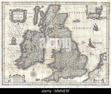 . Anglais : c'est Guillaume Blaeu's 1631 Carte des îles britanniques. Couvre l'ensemble de l'Angleterre, Ecosse, Pays de Galles, et en Irlande avec les parties adjacentes de la France et la Hollande et empiècement de l'Orkney Islands. Cartographique cette carte est basée sur les plaques d'Jodocus Hondius, Blaeu a acquis en 1629. La plaque d'origine dessiné par Hondius en 1617, avait bordure décorative images entourant le site, mais Blaeu a été forcé de reformater la carte, sans images, pour émettre dans son ouvrage précurseur majeur de l'Atlas. Cette carte deviendra Blaeu's représentation standard d'Îles britanniques et a été publié dans la plupart des autres Banque D'Images