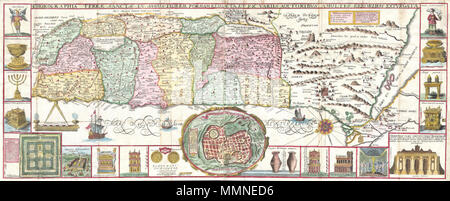 . Anglais : c'est une extraordinaire c. 1632 Carte de la Terre sainte par le moine jésuite Jacobus Tirinus. Orientée vers l'Est, carte illustre de la Syrie et tire vers le sud jusqu'au Sinaï, Égypte et Thèbes. La nôtre auprès de la carte commence à l'extrême sud de la point, en Egypte, où nous trouvons la ville de Thèbes et, légèrement au nord, près de Memphis, le très déformés pyramides d'Égypte. Un peu plus au nord, nous voyons la ville de Tanis, rendue célèbre par Indiana Jones et les aventuriers de l'arche perdue comme le lieu de repos pour l'arche de l'Alliance. Dans cet esprit, un peu au sud de Tanis, le Banque D'Images