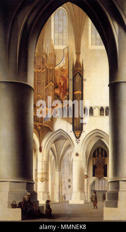 . Intérieur de la Grote Kerk ou St Bavokerk à Haarlem, vu depuis le sud par l'ambulatoire choir sur le nord de l'ambulatoire avec le grand orgue. Une femme avec deux enfants assis à la colonne de gauche. Sur le volet de l'orgue est peint la résurrection du Christ. Sur un mur dans le nord de l'ambulatory il y a un deuxième, plus petit orgue. Intérieur de l'Église Saint-bavon à Haarlem. 1636. Janszoon Pieter Saenredam intérieur de l'Église Saint-Bavon de Haarlem en 2 Banque D'Images