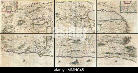 . Anglais : un site extraordinairement rare, c'est la 1662 Johannes Jansson et Georgius Hornius partie 6 carte de la Terre Sainte. Divisé en six panneaux et orientée à l'est, cette carte couvre Israël ou la Terre Sainte de l'extrémité sud de la Mer Morte et d'Édom aux hauteurs du Golan et au Liban moderne. Cette carte est une extension et l'agrandissement d'un plan plus petites du même secteur général émis par Christian van Adricham autour de 1590. Jansson a élargi et enrichi du Adricham site afin d'illustrer le texte composé par Georgius Hornius (George Corne) pour le volume six de ses Atlas Novus , Ac Banque D'Images