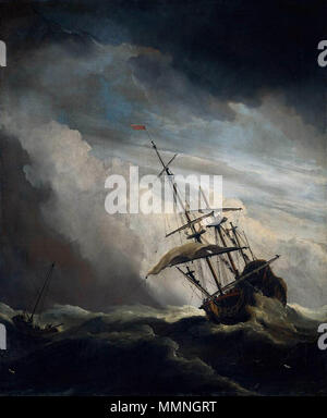 . Un navire en haute mer dans une forte tempête. Un trois-mâts sur une haute vague. À gauche un plus petit bateau. Pendentif de fichier:Het Kanonschot - Canon tiré (Willem van de Velde II, 1707).jpg. Un navire en haute mer capturés par un grain, connu sous le nom de "La Rafale". Vers 1680. Willem van de Velde (II) - La Rafale - WGA24539 Banque D'Images