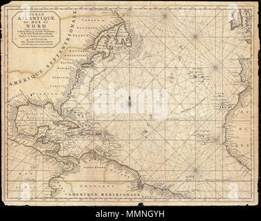 . Anglais : c'est une rare et remarquable 1693 carte nautique de l'océan Atlantique par Pierre Mortier. Couvre l'Atlantique Nord à partir de 5 degrés de latitude sud à environ 56 degrés de latitude nord. Inclut une bonne partie de l'Amérique du Nord, l'ensemble des Antilles et des Caraïbes, l'Amérique centrale, le nord de l'Amérique du Sud, Afrique de l'Ouest, l'Irlande, et certaines parties de l'ouest de l'Espagne. Dans son ensemble la carte présente un mortier moyennement précis de l'Amérique. La côte, particulièrement en Amérique du Nord sont d'une eau anormalement craggy. Floride prend un aspect cône inversé. Les îles-barrières et c Banque D'Images