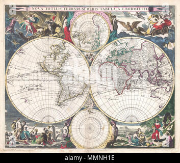 . Anglais : Un très rare 1684 hémisphère double monde par Dutch site editeur Joachim Bormeester. Représente le monde sur le continent américain avec projection projections polaires vers le haut et bas de la carte principale. Entouré d'images allégoriques et des décorations à la frontière avec un thème classique. Fortement basé sur, mais beaucoup plus rares que les Visscher, carte du monde de 1658, avec la cartographie similaire et Nicholas Berchem conçoit la frontière. Nous commençons notre enquête sur cette carte en Amérique du Nord. La Californie est représentée comme une île. Le nord-ouest américain est en grande partie inexploré et vierge si la terre d'Anian n'ap Banque D'Images