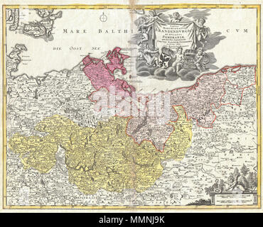 . Anglais : un bel exemple de J. B. Homann's c. Carte 1720 Brandebourg et Schleswig-Holstein, Allemagne. Salons à Francfort, Berlin et Brandebourg. Comprend également des parties du Danemark et une grande partie de la Pologne. Le site est rempli d'informations, y compris des villes, villages, routes, ponts, des forêts, des châteaux et de la topographie. Cartouche de titre dans le quadrant supérieur droit dispose d'angelots et boucliers pour les emblèmes héraldiques Brandenburg et occidentale. Il y a une légende dans le quadrant inférieur droit. Établi à Nuremberg par J. B. Homann et émis dans l'Homann Grosser Atlas ainsi que dans l'Atlas Maior des héritiers Homann Scholastic Banque D'Images