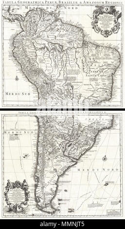 . Anglais : un exemple extraordinaire d'un c. 1730 deux de l'ensemble de cartes illustrant l'Amérique du Sud. C'est du mortier et Covens c. 1730 Réédition de Guillaume de L'Isle est magnifique c. 1708 Carte de cette région. La feuille du nord couvre du Costa Rica et la Barbade à environ au sud du tropique du capricorne ou plus exactement 50 degrés de latitude sud. Fiche du Sud couvre environ 18 degrés de latitude sud au sud de la Terre de Feu. Les deux cartes sont remarquables par leur extraordinaire état avec une forte impression sur papier blanc propre. Début du 18e siècle cartes apparaissent rarement dans ce superbe état. E Banque D'Images