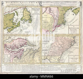 . Anglais : un exemple spectaculaire de l'Homan héritiers 1737 Carte de l'territoires britanniques en Amérique du Nord. Divisés en quatre cartes dérivées de l'œuvre de Herman Moll. Couvre une grande partie de la côte est de l'Amérique du Nord dont la Nouvelle-Écosse et Terre-Neuve, de la Nouvelle Angleterre (New York, New Jersey, Massachusetts, Pennsylvanie, etc..), en Virginie et dans le Maryland, et maintenant ( Caroline du Nord, Caroline du Sud, Géorgie) et le nord de la Floride. Le quart supérieur gauche propose une carte des Provinces maritimes de Terre-Neuve et de la Nouvelle-Écosse. Offre de merveilleux détails tant intérieures et en mer, avec une Banque D'Images