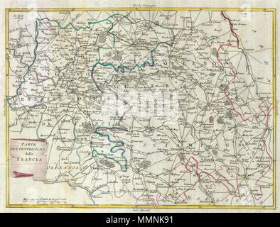 . Anglais : Cette carte est une représentation colorée à la main du centre de la France ( aux environs de Paris ) par un A. Zatta. Carte représente la France de Chartes dans l'ouest de Langres dans le sud-est de Verdun, dans le nord-est. Paris est centrale. La carte est magnifiquement rendue à la fin du xviiie siècle. Parte della nuova Italia España. 1740. Zatta 1740 Carte du centre de la France et aux environs de Paris - Geographicus - FranceCentral-italien-1740 Banque D'Images