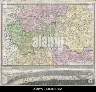 . Anglais : un bel exemple de l'emblématique des héritiers Homann 1741 Plan de Londres et ses environs. Fondée en grande partie sur une carte de la région de Thomas Bowles, cette carte couvre la région de London à partir de Berkshire (y compris le château de Windsor) dans l'ouest de Shamel dans l'Est, Amérique du Nord s'étendant jusqu'à Bedford. Plus précisément l'accent sur le Hertfordshire, Middlesex, Surrey, Essex et Kent. Offre des détails extraordinaires tout au long, montrant les routes, les villages, les rues de Londres, les successions, et dans de nombreux cas, les maisons individuelles. La partie inférieure de la feuille est dominé par une vue panoramique de Londres et à l'Ouest Banque D'Images