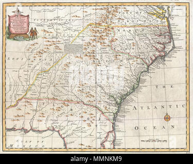 . Anglais : Il s'agit d'Emmanuel Bowen est remarquable 1747 Organigramme du sud-est de l'Amérique du Nord. S'étend de l'embouchure de la baie de Chesapeake à Saint Augustine, en Floride, et à partir de la Louisiane pour l'Atlantique. Présenté à la deuxième édition de Bowen est important système complet de géographie , cette carte est basée sur les documents cartographiques conventions établies par la carte Popple 1733 de l'Empire britannique en Amérique du Nord. Si la carte Popple couvert la plupart du continent, Bowen se rétrécit son focus à la zone intéressante est aujourd'hui le sud-est américain. Les frontières coloniales de Caroline du Nord, Vi Banque D'Images