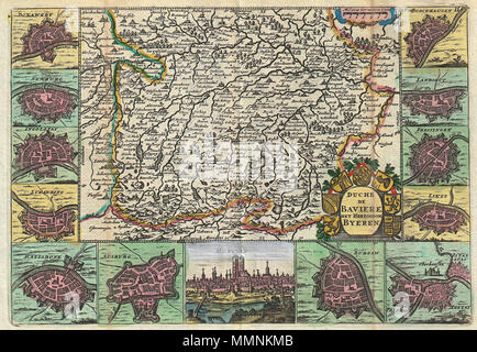 . Anglais : une superbe carte de la Bavière, Allemagne premier dessiné par Daniel de la feuille en 1706. Munich comprend et Augsbourg. Encerclé par 13 cartes et vues de villages et forteresses importantes dans cette région. À partir de la haut à droite, dans le sens des aiguilles ces : Burkhausen, Landshut, Freisingen, Linz, l'INSTAT, Burgaw, Munchen (Munich), Ausburg (Augsburg), Ratisbonne, Straubing, Ingolstat (Ingolstadt), Newburg et Donawert. Cartouche de titre dans le quadrant inférieur droit dispose de sept écussons emblèmes héraldiques, chacune représentant une ville bavaroise. C'est Paul de la Feuille's 1747 Réédition de son père Banque D'Images