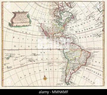 . Anglais : une superbe décoration 1747 site de l'hémisphère occidental par E. Bowen. Couvre l'Amérique du Nord et du Sud ainsi qu'une grande partie de la région du Pacifique et l'Atlantique jusqu'en Espagne et aux îles Canaries. Plus de détails Nord durant la période coloniale. En Amérique du Nord, l'Angleterre contrôle les colonies le long de la côte est du continent et autour de la Baie d'Hudson. La France occupe la Louisiane, régions du Canada, et dans la région des Grands Lacs. L'Espagne contrôle la partie occidentale du continent, ainsi que la Floride, le Mexique, la plupart des Antilles et, à l'exception du portugais du Brésil, de tous les Sud-Am Banque D'Images