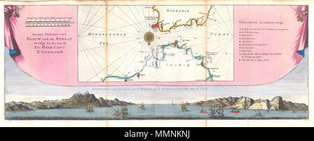 . Anglais : c'est un extrêmement rares 1747 site du détroit de Gibraltar. Représente le détroit avec une orientation vers le sud, l'Espagne étant en bas de la carte et le Maroc sur le dessus. Plus de détails le détroit de Gibraltar, l'ensemble de Ceuta sur la côte des Barbaresques, et s'étend à Marbelle et le Maroc. Compass Rose décorative apparaît entre Ceuta et Gibraltar. Situé au-dessus d'une belle vue sur le détroit montrant le Rocher de Gibraltar, la Côte des Barbaresques et 16 navires à voile. Situé dans le cadre d'une tapisserie rose décorative. Basé sur les cartes du navigateur néerlandais Hendrik Lynslager. Préparé par un Banque D'Images