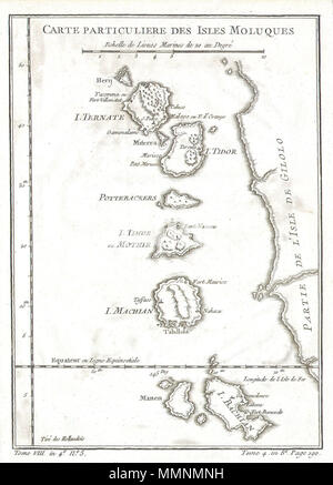 . Anglais : Cette belle petite carte de l'Moluques (aussi connu sous les Moluques, Îles Moluques ou simplement Maluku) a été produit par le cartographe français Jacques-Nicolas Bellin en 1760. Représente les îles de Ternate Tidor Herij,,, Pottebackers, Timor oriental, de Mach et Bachian. Les îles Moluques faisaient autrefois partie de la Dutch East Indies. Les Moluques sont aujourd'hui partie de l'Indonésie. Carte mere arabe (voir photo 5 Des Isles Moluques.. 1760. 1760 Bellin Carte des Moluques (Maluku , Moluques ) - Geographicus - Moluques-bellin-1760 Banque D'Images