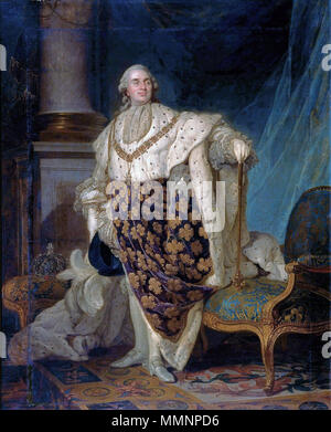 English : Louis XVI en habit de sacre, ce n'est pas l'habit du jour de son couronnement mais un costume de convention mêlant l'habit desacre et la tenue de l'Ordre de St-Louis, le sceptre en bas et la couronne au second plan en fils des signes. Anglais : Louis XVI à Coronation Robes . 1777. Duplessis, Joseph-Siffrein. Louis XVI, roi de France (1754-1793)FXD Banque D'Images