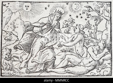 . Anglais : Création d'Eve, gravure sur bois . 16e siècle. Fichier:15-543 texte et gravure (39890060610).jpg ; Croped par Majo statt Senf (entretemps) Eva (Holzschnitt) Banque D'Images