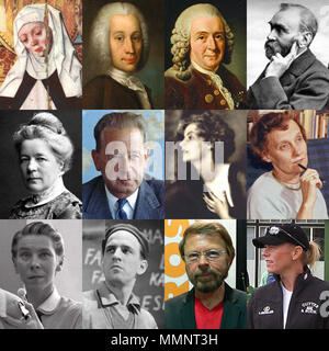 . Anglais : Collage d'images représentant le peuple suédois. Rangée du haut (gauche à droite) : Brigitte de Suède, Anders Celsius, Carl Von Linné, Alfred Nobel Deuxième rangée (de gauche à droite) : Selma Lagerlöf, Dag Hammarskjöld, Greta Garbo, Astrid Lindgren troisième rangée (de gauche à droite) : Tove Jansson, Ingmar Bergman, Björn Ulvaeus, Annika Sörenstam . 6 mars 2010. Narking 412-suédois-ver2010 Banque D'Images