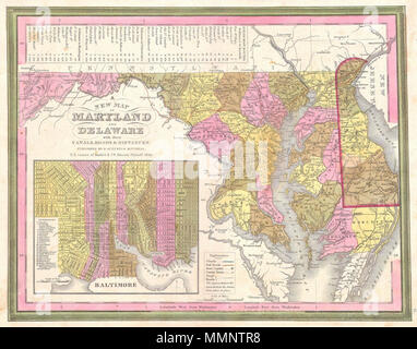 . Anglais : cette main rares carte en couleur est une gravure lithographique du Maryland et Delaware, datant de 1846 par le légendaire cartographe S.A. Mitchell, l'aîné. Comprend une carte grande échelle de Baltimore. Il s'agit d'une rare carte de transition produit par les mystérieux engraver H. N. Burroughs, dont le travail pour la firme Mitchell apparaît dans 1846 entre celle de H.S. Tanner et Mitchell lui-même. Notes Ristow, rien n'est connu à propos de Burroughs, mais il était sans aucun doute un employé ou associé de Mitchell. L'amende et le plan de travail détaillé n'apparaît que dans le difficile de trouver de l'édition 1846 d'un Mitchell Banque D'Images