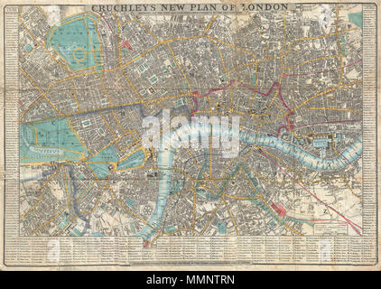 . Anglais : c'est un très joli exemple de G. F. Cruchley hautement souhaitable de 1848 Plan de Londres, en Angleterre. Londres couvre de Hyde Park à l'ouest, à la London docks à l'Est. S'étend au nord d'inclure tous les de Regents Park et du sud jusqu'au sud ouest de l'Terimini Vauxhill et jardins. Offre une gamme complète de couleurs et de détails et pour le niveau de la rue avec des bâtiments individuels. Localisation entouré sur la gauche, la droite et en bas par un index de rue par rue de la ville. Zone de titre au centre. Entoilée et borné dans sa version originale , dossier. Cruchley émis diverses éditions de ce site à partir de Banque D'Images