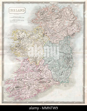 . Anglais : un bel exemple de Sidney Hall c. 1850 Plan de l'Irlande. L'île est représenté en entier divisé en ses quatre provinces de Munster, Leinster, Connaught et l'Ulster. Présente les villes, les routes, les rivières, les trains et certains détails topographiques. Colorié à la main dans de beaux pastels. Publié sous la planche no 8 dans le ch. Longman 1850 édition de S. Hall's Nouveau Atlas général . L'Irlande.. vers 1850 (non daté). 8 1850 (carte de l'Irlande - Irlande - Geographicus-hall-1850 Banque D'Images