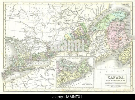 . Anglais : c'est une fascinante main 1851 Carte en couleur de l'Est du Canada englobe l'Ontario, le Nouveau-Brunswick, le Québec et la Nouvelle-Écosse. L'encart comprend l'île du Cap-Breton et de l'Île du Prince Édouard. Canada, Nouveau-Brunswick & C.. 1851. 81851 Carte noire de l'Est du Canada ( Ontario, Nouveau Brunswick) - Geographicus - CanadaEast-b-51 Banque D'Images