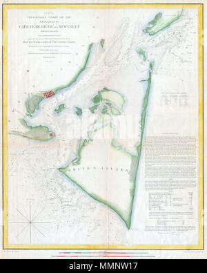 . Anglais : rare colorié à la main 1853 Tableau de costal côte de Caroline du Nord près de Smith's Island et Cape Fear. Détails de l'entrée de la rivière Cape Fear et nouveau Inlet. Inclut des instructions de course, les références au phare, les sondages de profondeur, et des notes sur le Fort Caswell et Smithville. Publié sous la direction de A. D. Bache pour le rapport 1853 du surintendant de la côte américaine de l'enquête. (D N°3) Tableau Préliminaire de l'entrée de Cape Fear River et de la Caroline du Nord. d'admission. 1853. 81853 U.S.C.S. Plan de Cape Fear, North Carolina - Geographicus - CapeFearRiver-CU-18 Banque D'Images