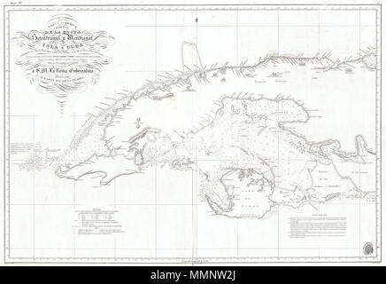 . Anglais : c'est une dramatique et particulièrement rares 1854 carte nautique ou carte de la partie occidentale de Cuba par les mapping agency, Direccion Hidrográfica . Couvre l'ouest de l'Inde à partir de l'île Cape San Antonio vers l'Est jusqu'au golfe de Cazones. Comprend l'Isla de Pinos et la ville de La Havane. Le graphique vous propose de nombreux sondages de profondeur ainsi que des notes sur la construction du graphique et de la navigation. Offre quelques détails à l'intérieur des terres, l'identification d'un certain nombre de montagnes importantes ainsi que les villages de Guanajayu, San Antonio de los Banos, San Antonio de Bedia, Manajau, Madruga, et d'innombrables Banque D'Images