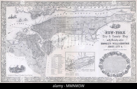 . Anglais : une carte 1855 extraordinaire de la ville de New York publié par site éditeur Charles Magnus en commémoration de la Déclaration d'indépendance. Représente l'ensemble de Manhattan ainsi que la plupart de Brooklyn, Bedford, Williamsburgh, Greenpoint, Queens, Ravenswood, Astoria, Jersey City et Hoboken. Une carte grande échelle en bas au centre montre Long Island. Le tout est rendu dans des détails extraordinaires avec une attention particulière accordée à chaque rue, pâtés, parcs et même des bâtiments importants. Montre les débuts de Hunters Point, ou Long Island City dans le Queens. Important Le passage de bac Banque D'Images