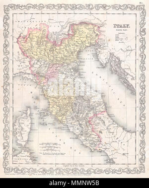 . Anglais : Cette belle main carte en couleur est une gravure lithographique de l'Italie du nord, datant de 1856, par l'éditeur américain peu connu site Desilver Charles. Représente l'Italie à partir de Naples au nord de la Lombardie. En date du et protégé par copyright 1856 par Desilver Charles.". L'Italie. La partie du nord.. 1856. 81856 Carte Desilver de l'Italie du Nord - Geographicus - ItalyNorth--1856 desilver Banque D'Images