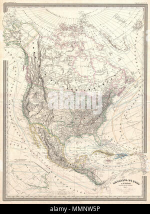 . Anglais : un grand format finement détaillé 1857 Carte de l'Amérique du Nord sur la projection de Mercator par le cartographe français A. H. Dufour. Cette carte couvre l'ensemble du continent à partir de la calotte glaciaire de la partie nord de l'Amérique du Sud, y compris les Antilles, l'Amérique centrale, le Mexique, les États-Unis, le Canada et l'Alaska. En plus des données politiques et physiques de cette carte offre une grande richesse de l'information cartographique notamment itinéraires nautiques, les courants, les vents, les notes sur les explorateurs, certains détails au large des côtes, des commentaires sur les calottes polaires, les notes sur la végétation, et bien plus encore. Dans un Banque D'Images