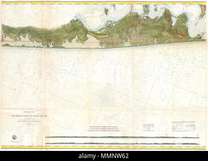 . Anglais : c'est un extraordinaire et très rare grand format couleur main 1857 U.S. Coast Survey sea chart ou carte illustrant le sud-est de Long Island, New York. Plus de détails partie de comté de Suffolk de Moriches Bay à Napeague port, y compris l'été des escapades de Sag Harbor, East Hampton, Southampton (South Hampton), Quogue, Bridgehampton et Amagansett, entre autres. S'étend au nord jusqu'à l'île de Gardiner et de porcs au cou. Les régions intérieures sont décrits en détail, jusqu'au niveau des bâtiments. En plus de détails à l'intérieur des terres, ce tableau contient une mine d'informations pratiques Banque D'Images